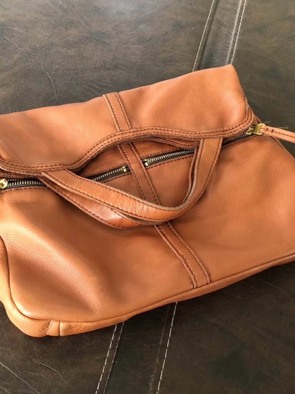 Fossil Cognac Leather Shoulder Bag zipper brown handbag purse
